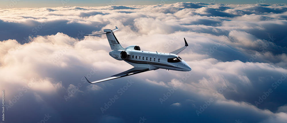 Private jet flying over the earth. Empty blue sky with white clouds at background. Business Travel Concept. Horizontal. - obrazy, fototapety, plakaty 