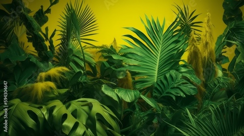 Palm leaves on yellow background. AI generative