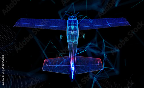 Flying aircraft. Low-poly model of air transport. Blue background photo