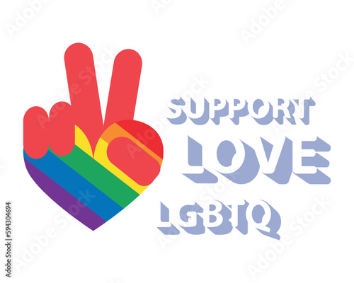 Hand Gesture Victory Symbol Show LGBT Rainbow Hearth Flag, Support LGBTQ Concept. Illustration, Poster, Vector, Tshirt, Background or wallpaper.  
  