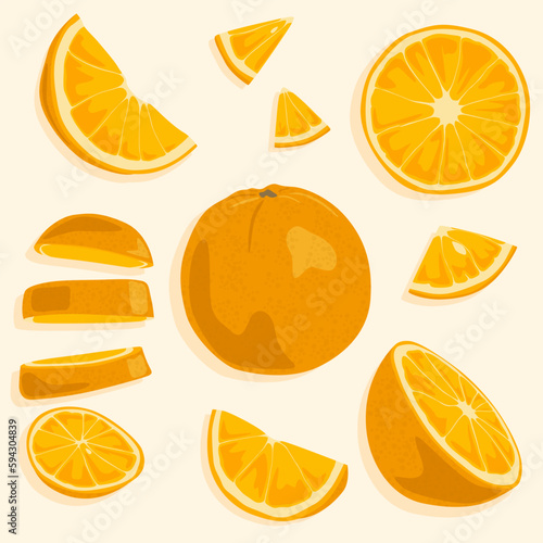 Icon set of orange whole and cut into slices. Vector icons. Sweet bright fruits. Natural ingredients.