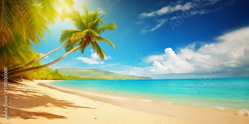 Palm Beach In Tropical Paradise Island Caribbean. Beach , sea , and coconut palm tree on blue sky for nature holiday vacation background generated by AI.