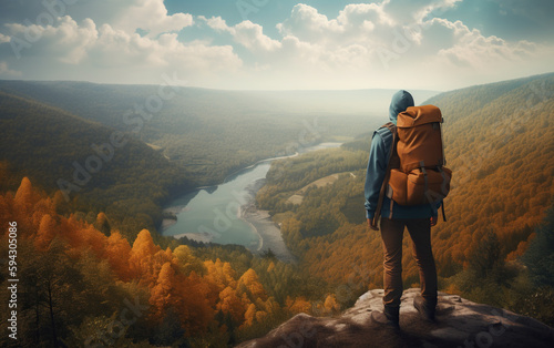 Hiker with a backpack standing on the edge of a cliff and looking at the river. Generative AI