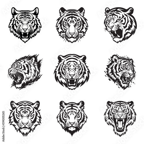 Vector set of tiger logos, face for logos, emblems, badges and labels. Isolated on white background
