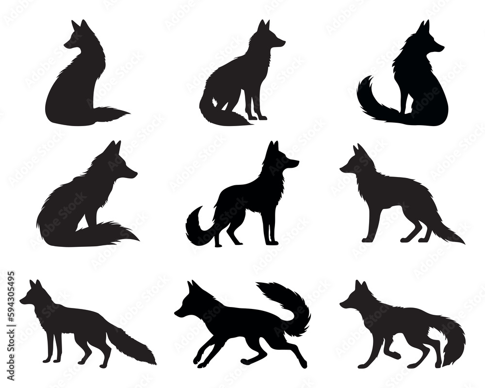 Fox silhouette set - isolated vector images of wild animals