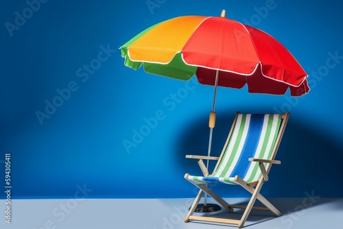 Beach chair with umbrella and beach ball on blue background. Generative AI