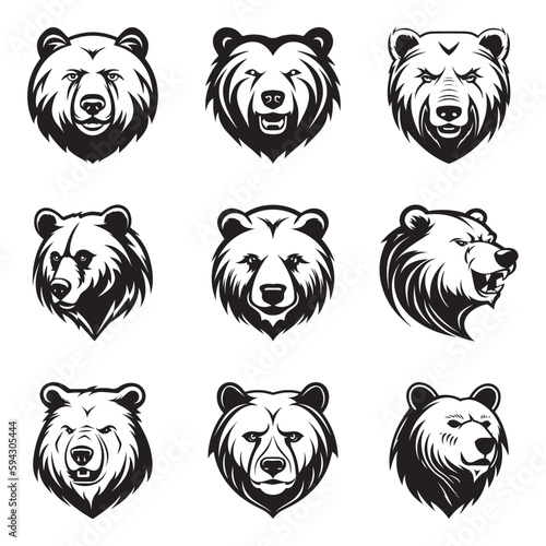 Bear head logo, silhouette set, black icon, mascot, bear silhouette, animals vector illustration