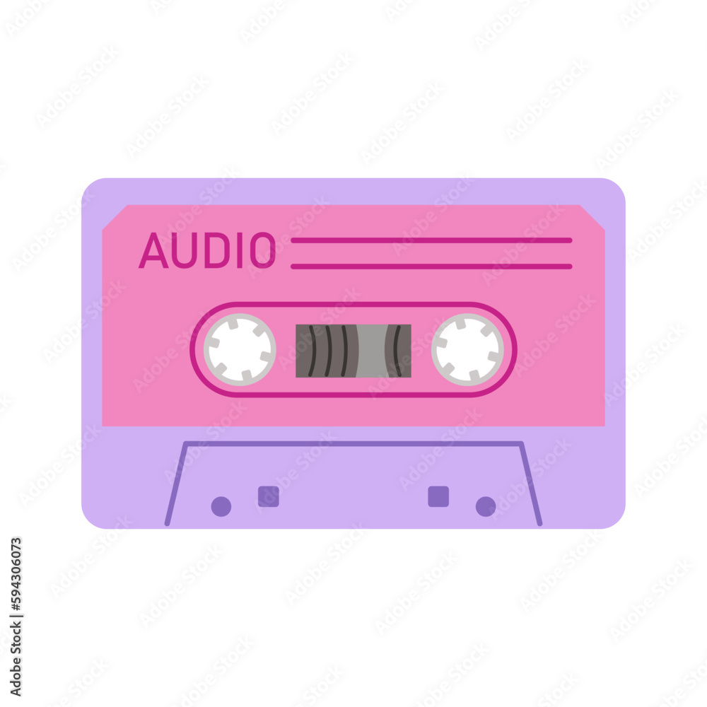 Audio cassette from 80s, 90s. Old audio cassette tape with retro hits. Isolated vector illustration in flat cartoon style.