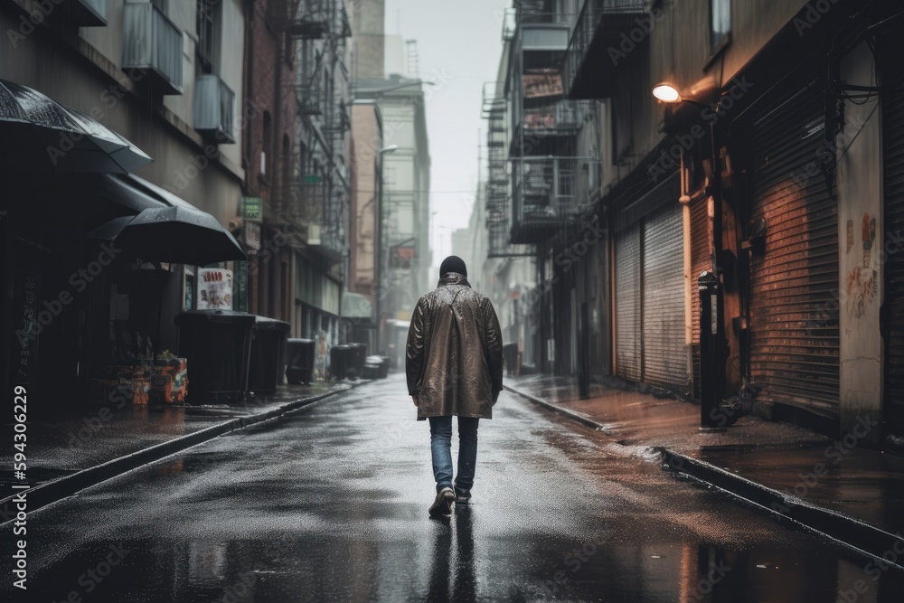 Image of a person from the back walking down a wet city street on a grey, rainy day, capturing the mood and ambiance of a gloomy day - Generative AI Image of a person from the back walking down a wet city street on a grey, rainy day, capturing the mood and ambiance of a gloomy day - Generative AI