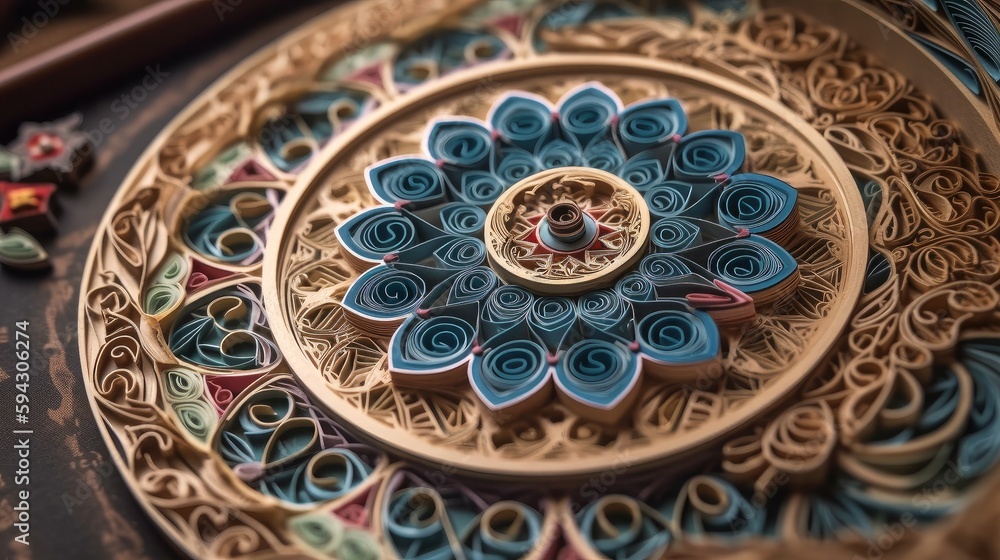 Quilling card with intricate Arabic paper graphic of Islamic theme. Generative ai