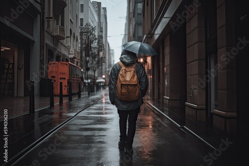Image of a person from the back walking down a wet city street on a grey, rainy day, capturing the mood and ambiance of a gloomy day - Generative AI