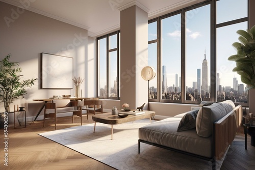 Living-room in an elegant modern New Yorker apartment with view on NYC - generative ai