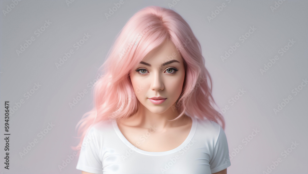 Portrait of serious female with long, pink hair. Isolated background with mockup. Generative AI. Portrait of serious female with long, pink hair. Isolated background with mockup. Generative AI.