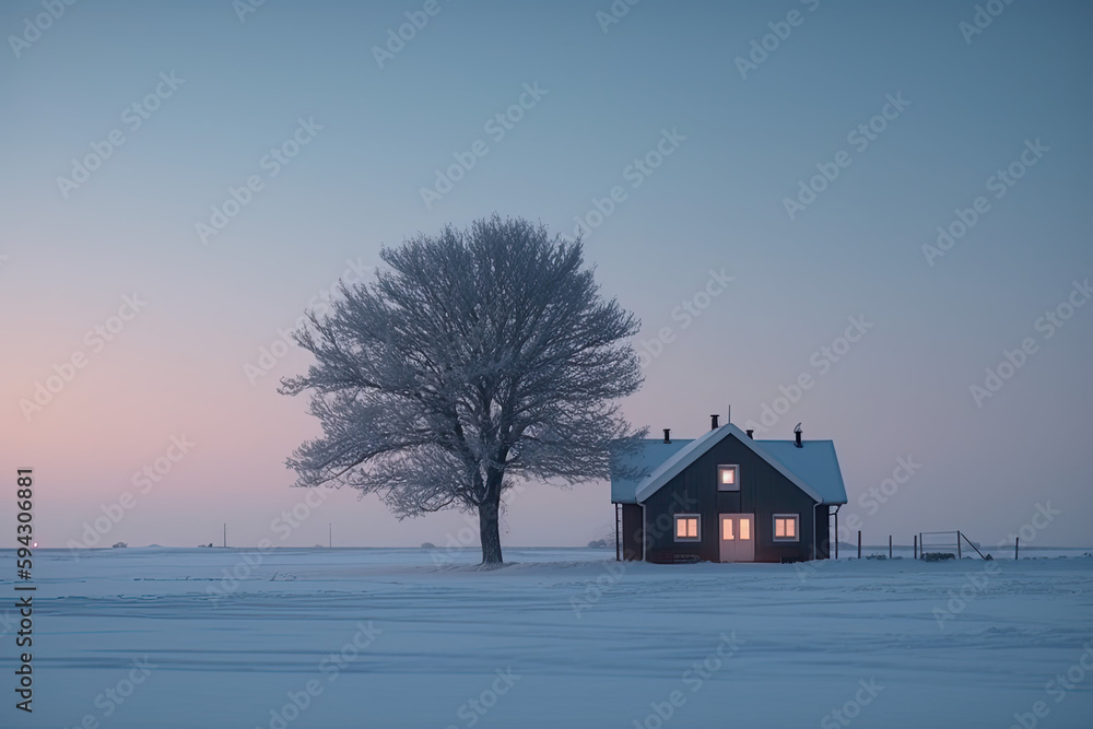 Minimalist illustration of a cottage amidst snow and a single tree during winter or Christmas. Generative Ai.