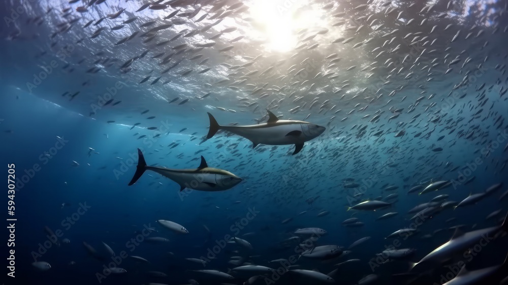 Striped marlin and sea lion hunting in sardine bait ball in pacific ocean. Generative ai