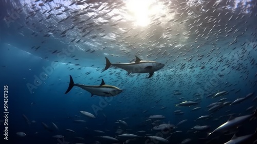 Striped marlin and sea lion hunting in sardine bait ball in pacific ocean. Generative ai