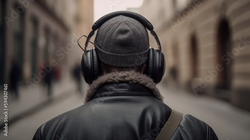 A young guy wearing big headphones, rear view. Generative AI © cac_tus