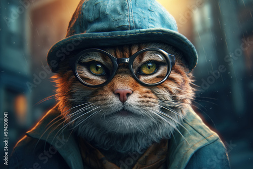 Intelligent cat in glasses and outerwear on rainy day outside. Generative AI animal illustration