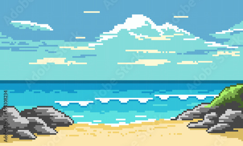 Pixel tropical beach with waves background. Empty yellow sandy beach with gray stones and green vegetation. Fluffy blue clouds in sky and white surf foam in vector ocean