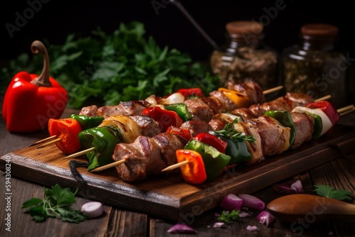 Meat together with vegetables on skewers, grilled. Generative AI