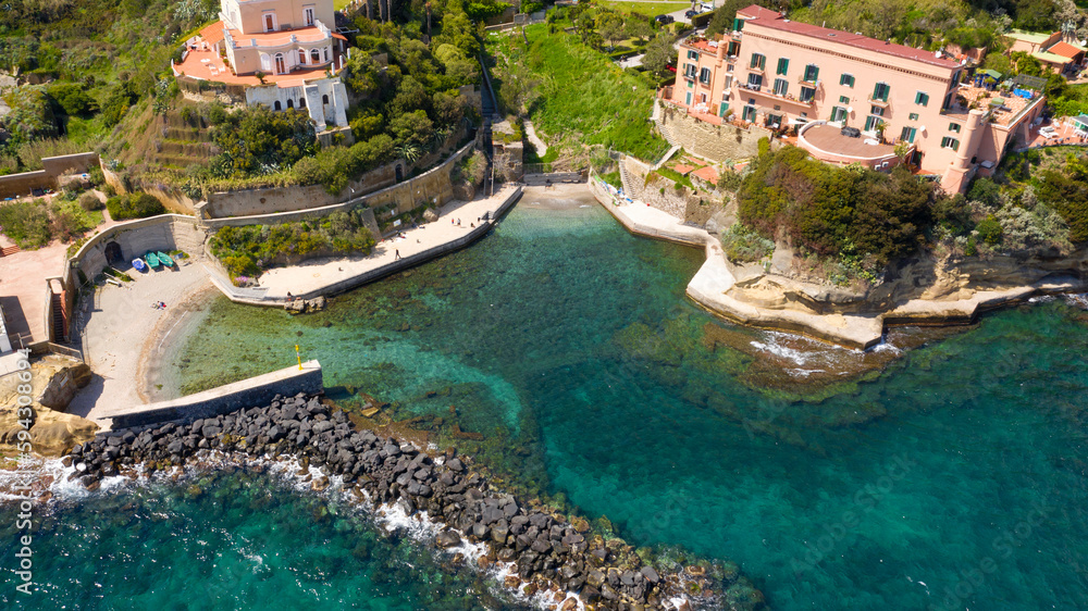 Aerial view of the Gaiola beach. It is located within the Underwater Park of Gaiola, a protected marine reserve, in the Posillipo district, in Naples, Italy. It overlooks the Tyrrhenian Sea.