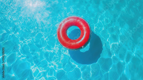 Water pool summer background with red floating ring. Summer sea waves background