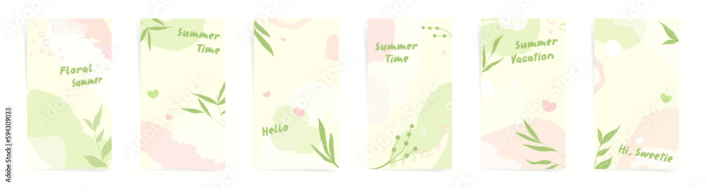 Summer backgrounds set. Floral story or poster cover design in pastel nature colors. Palm tree, green leaves, abstract shapes.

