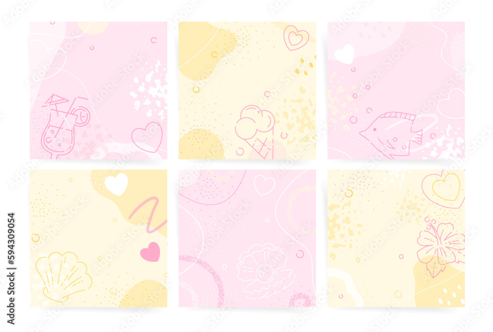 Lovely summer square cover design. Social media square post template with abstract beach and sea patterns and hearts. Yellow and pink vacation summer beach vector backgrounds set.