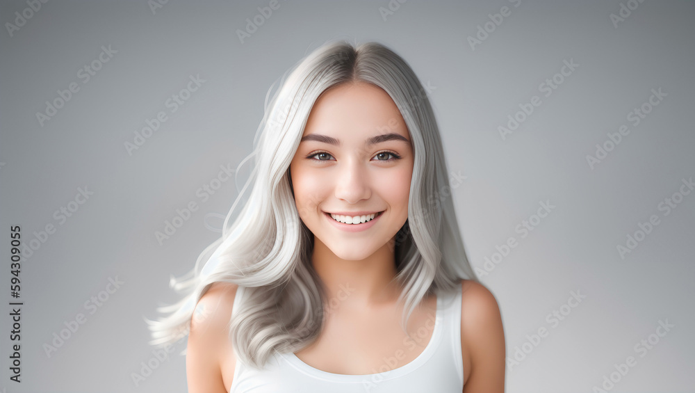 Joyful young woman with silver, wavy hair. Empty background with copy space. Generative AI.