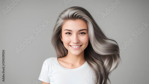 Teenage girl posing with silver hair on empty background with mock up. Generative AI.