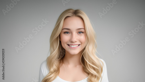 Joyful young woman with blonde, long hair. White background with mockup. Generative AI.