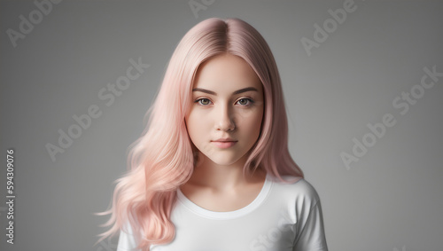 Young female with long, pink hair wearing white shirt. Empty background with mockup. Generative AI. © Dawid