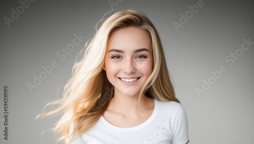 Beautiful, happy teenage girl with blond hair. Isolated background with copy space. Generative AI. © Dawid