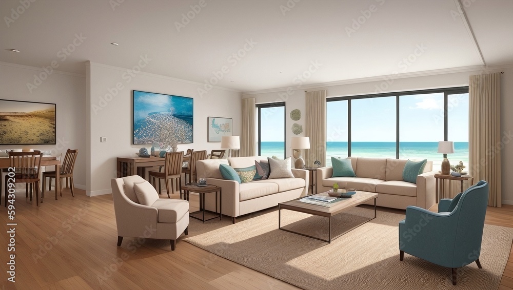 Fototapeta premium Living room with a view of the ocean, generative ai