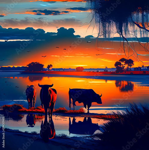 Cows and sunset over the sea © Faris