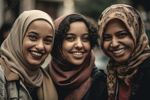 Generative AI illustration of positive young Muslim female friends photo