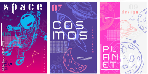 Space. Astronaut. Poster design. Set of vector illustrations. Typography. Vintage pencil sketch. Engraving style. Labels, cover, t-shirt print, painting.