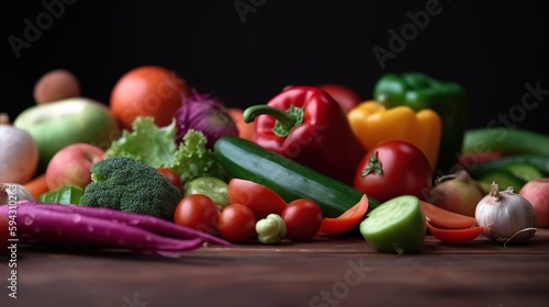 Big group of different vegetables on wooden table and black background. Healthy organic food with copy space. AI generative image.
