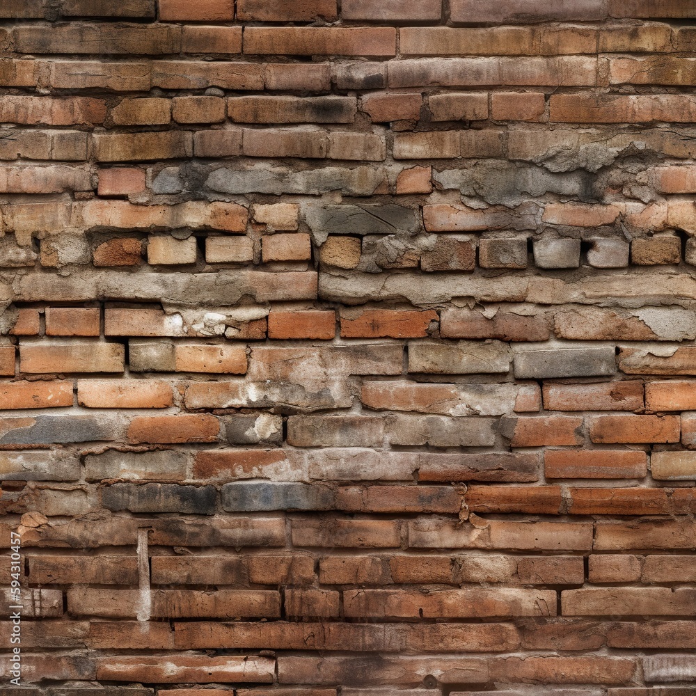 Weathered old red brick wall endless texture, seamless pattern tile background. AI generative image.