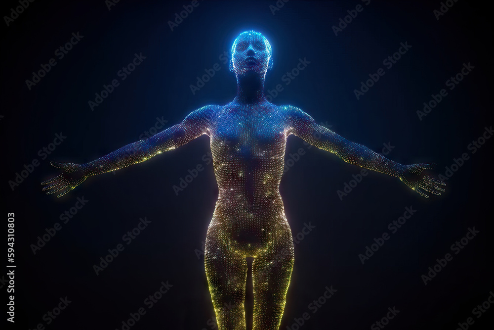 AI illustration of computer generated woman with circuit board pattern on body and outstretched arms standing against black background AI illustration of computer generated woman with circuit board pattern on body and outstretched arms standing against black background