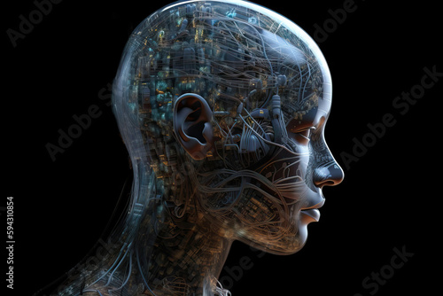 AI generated illustration of side view of hairless female robot with chaotic wires in transparent head looking away against black background