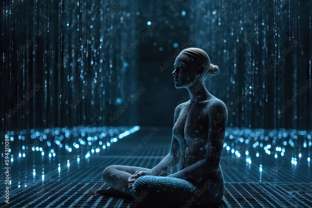 Generative AI illustration full length of woman sitting with crossed legs and looking away in darkness with blue lights Generative AI illustration full length of woman sitting with crossed legs and looking away in darkness with blue lights