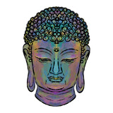 vector buddha head, torn outline. Colored brush strokes, multicolor