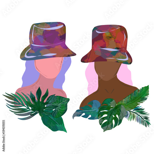 Two girls with different skin colors and pink and blue hair in colored summer panama hats and tropical leaves. Flat vector design