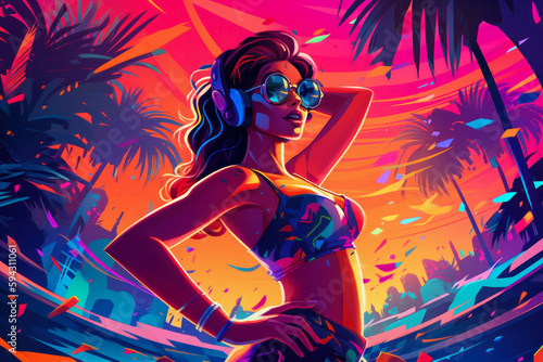 Attractive DJ girl in bikini clubbing at the hot summer dance party. Headphones. Neon light. Palm trees on background. Vacation nightlife.	