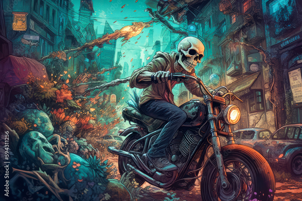 Stylish Skeleton Biker Riding Motorcycle in an Apocalyptic World of Cool Skeletons. Rock Metal