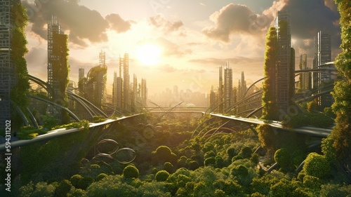 The green future city. The future city. city and nature living in harmony. In the major city, it is sunny. The AI Generative