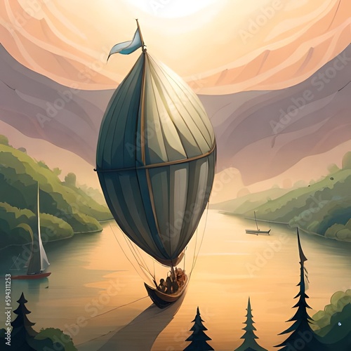 Illustration of a hot air balloon with a fantasy atmosphere created using generative AI technology