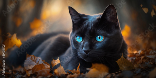 Beautiful glossy black cat with bright blue eyes in autumn garden leaves. Generative AI illustration © JoelMasson