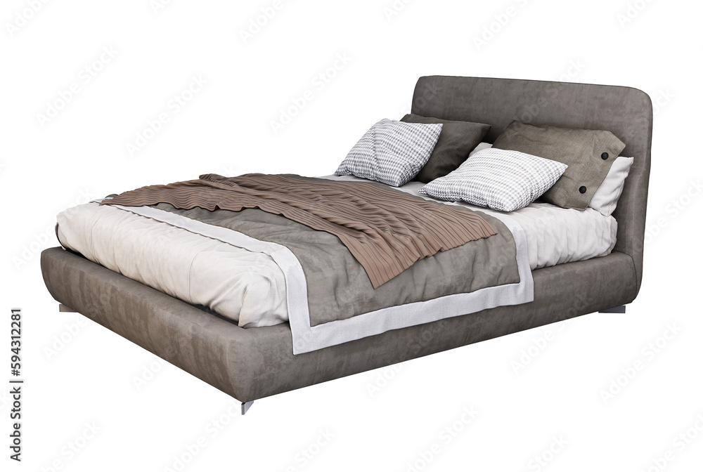 Fototapeta premium 3d Furniture modern Bed king size with fabric upholstered headboard, isolated on a white background